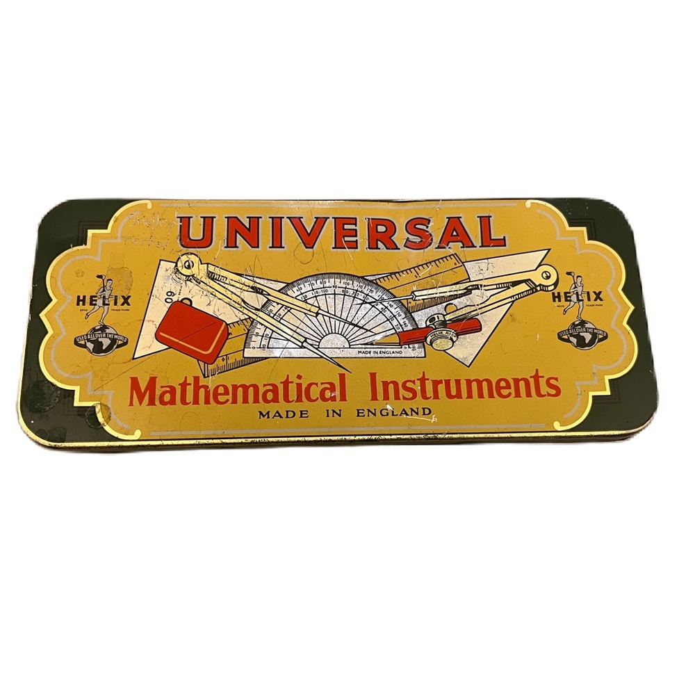 Helix Universal Mathematical Instrument tin box with some tools vintage